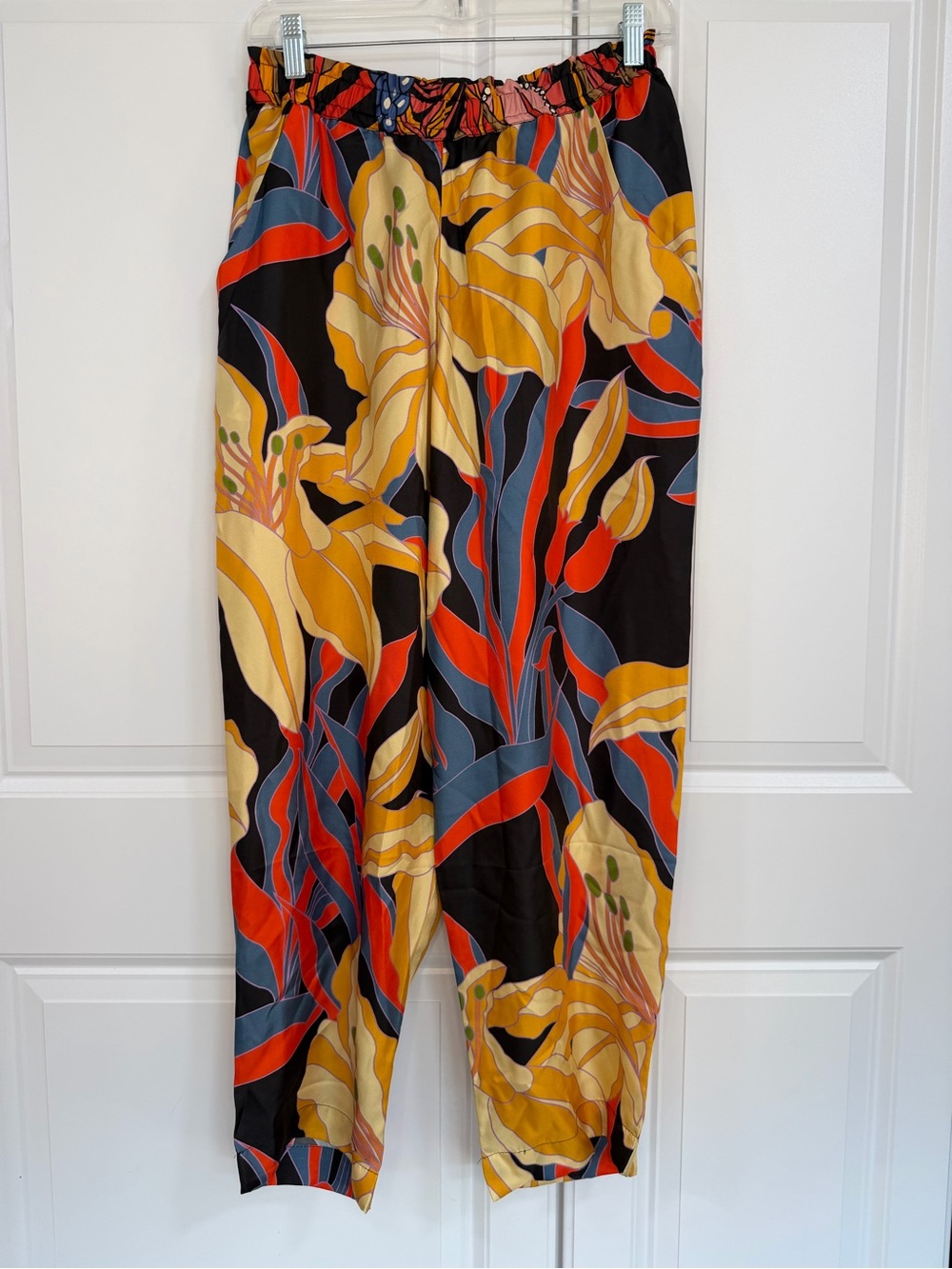 La Prestic Ouiston Printed Silk Womens Wide Leg Pants - Botanical Floral Pattern